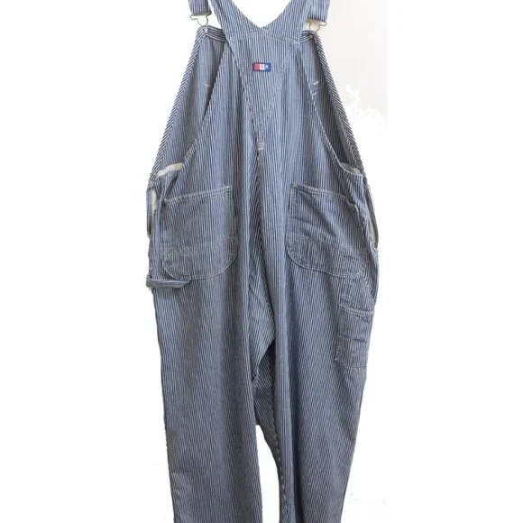 Vtg USA Works Sz 46x30 Railroad Stripe Carpenter Bib Denim Overalls Made in USA